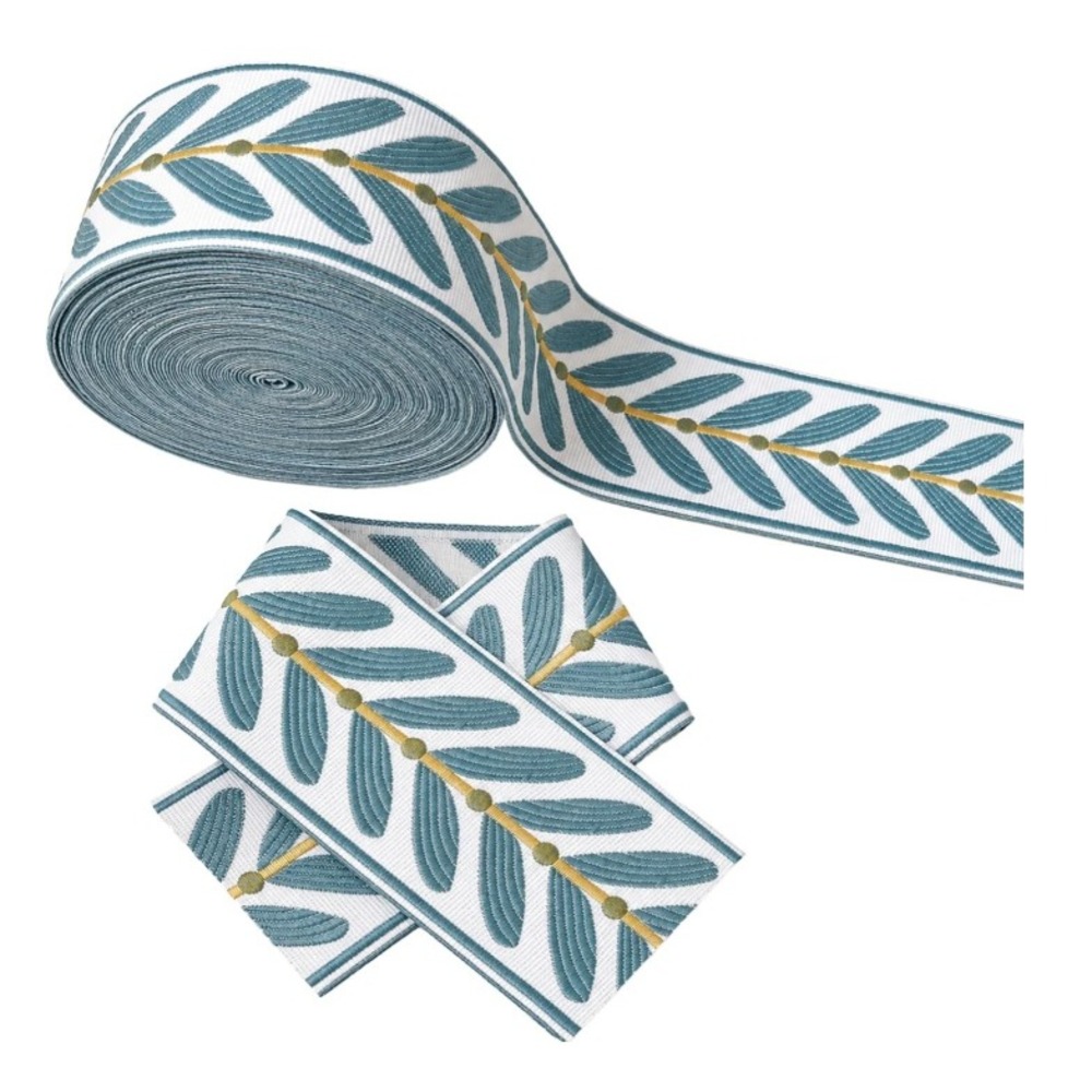 Jacquard Ribbon Trim Unisex 10.9Yd White Green Leaf Pattern Woven 2.36 in wide